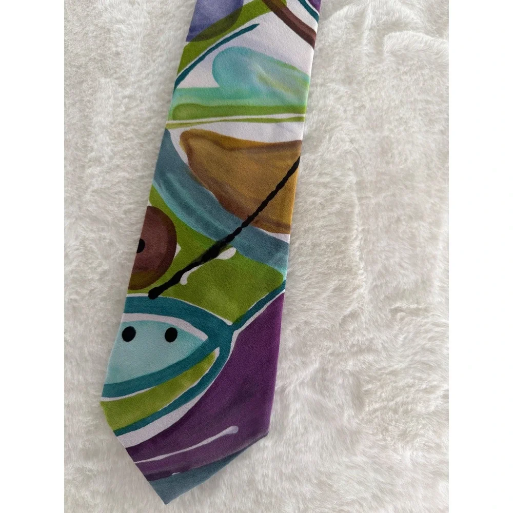 Iro Hand Painted Silk Tie Abstract Geometric Multi Color Purple Green Art‎